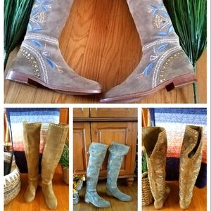 Frye Tina boots over the knee suede and embroidered Size 9